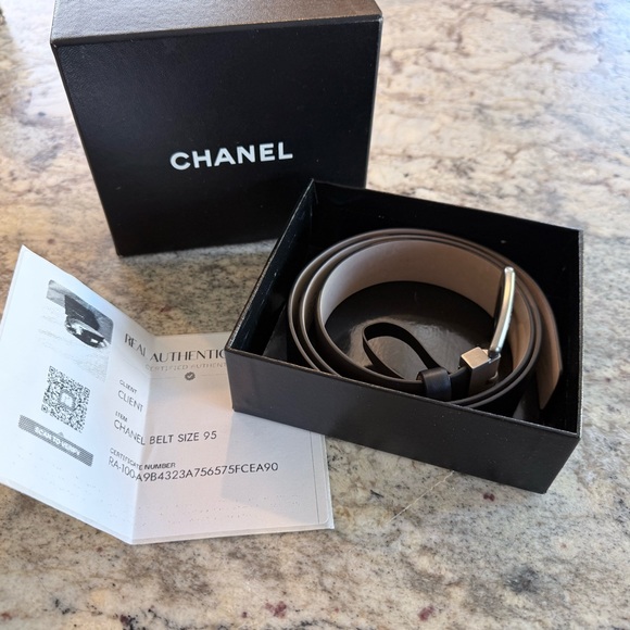 CHANEL Black Leather Belt with Silver Buckle